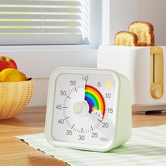 InfPokid Visual Timer for Kids with Pause Function, Cute Silent Timer with Rainbow for Classroom, Teaching, Task, Kitchen, 60 Minute Countdown Time Management for ADHD (Rainbow Green)