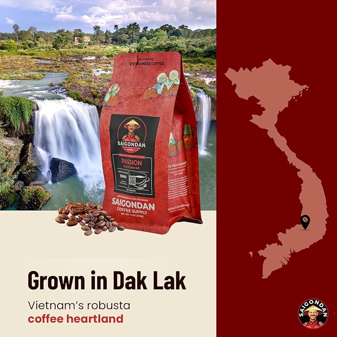 Vietnamese Coffee Beans – Saigondan Passion 100% Robusta French Roast Whole Bean – Premium Single Origin, Direct Trade Vietnamese Coffee – Bold Dark Chocolate Flavor – 12 oz