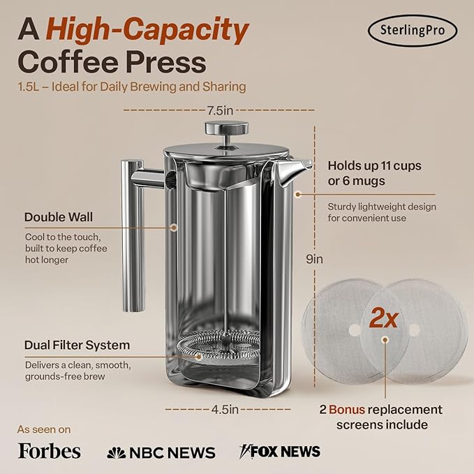 Stainless Steel French Press Coffee Maker Large 1.5 L(51 oz) Mirror – Durable Double Walled Insulated Coffee Press Keeps Drinks Hot, Easy to Use and Clean Stylish Design for Rich Flavor