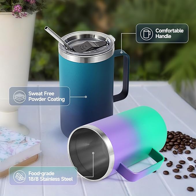 Volhoply 24oz Insulated Coffee Mug with Lid and Straw, Stainless Steel Travel Mugs with Handle, Double Wall Vacuum Leak Proof Coffee Tumbler Cup (Mixed,2)