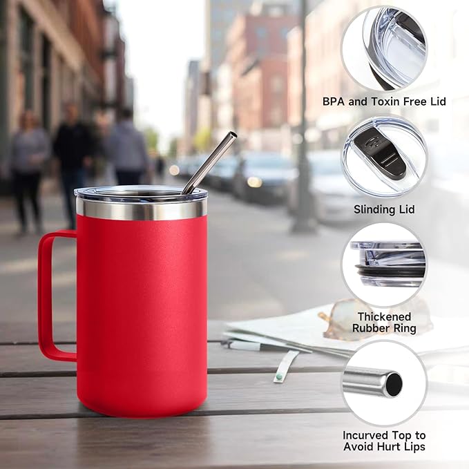 Volhoply 16oz Insulated Coffee Mug with Lid and Straw, Stainless Steel Travel Mugs with Handle, Double Wall Vacuum Leak Proof Coffee Tumbler Cup (Red,1)