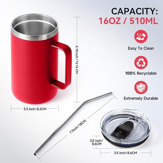Volhoply 16oz Insulated Coffee Mug with Lid and Straw, Stainless Steel Travel Mugs with Handle, Double Wall Vacuum Leak Proof Coffee Tumbler Cup (Red,1)