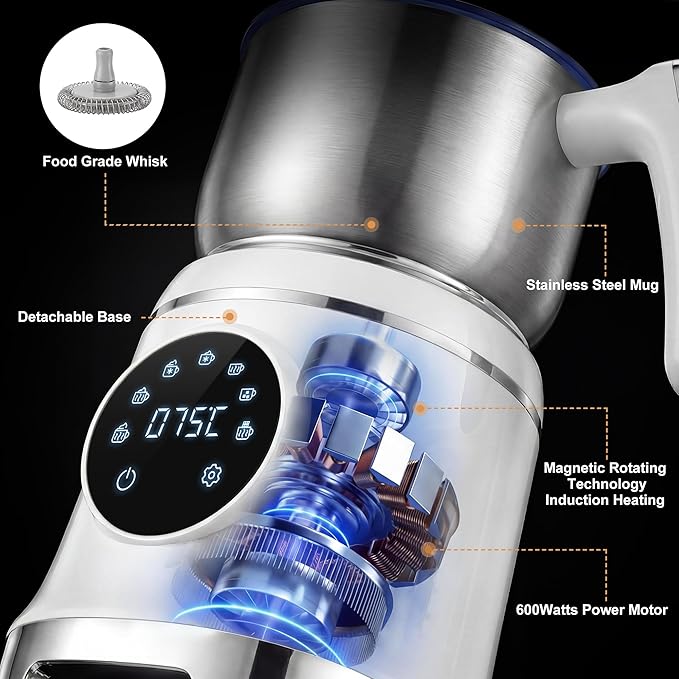 VIPDIGI 7-IN-1 Milk Frother, 20.3 OZ Milk Frother and Steamer with Temperature Control Stainless Steel Electric Milk Frother Dishwasher Safe Hot and Cold Foam for Latte Hot Chocolate Cocoa (White)