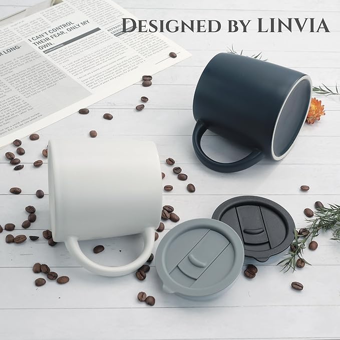 LINVIA Classic Mug, 14 oz Large Coffee Mug with Handle, Ceramic Porcelain Tea Cup, Smooth Matte (Sliding Lid, Set of 2, White and Navy Blue)