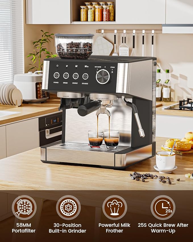(2025 Upgrade Espresso Machine with Grinder, 20 Bar Professional Espresso Coffee Machine with Anti-Clog Design, Built-in Milk Frother Steam Wand-Perfect Cappuccino & Latte Maker for Home