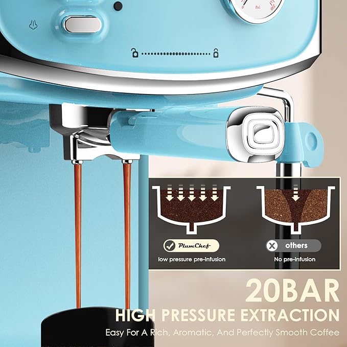 20 Bar Vintage Style Espresso Machine Coffee Maker with Milk Frother, ESE Pod Compatible Coffee Machine, Pressure Gauge, 54 oz Food-Grade PP Removable Water Tank, Ideal for Home Barista(Blue)
