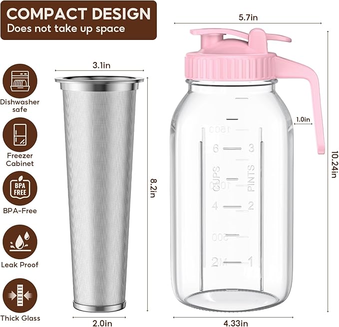 AHOMSEL Cold Brew Coffee Maker Jar - 2 Pack 64 oz Glass Cold Brew Maker with Handle, Stainless Steel Filter & Leak-Proof Lid, Heavy Duty Cold Brew Pitcher for Iced Coffee, Sun Tea, and Milk