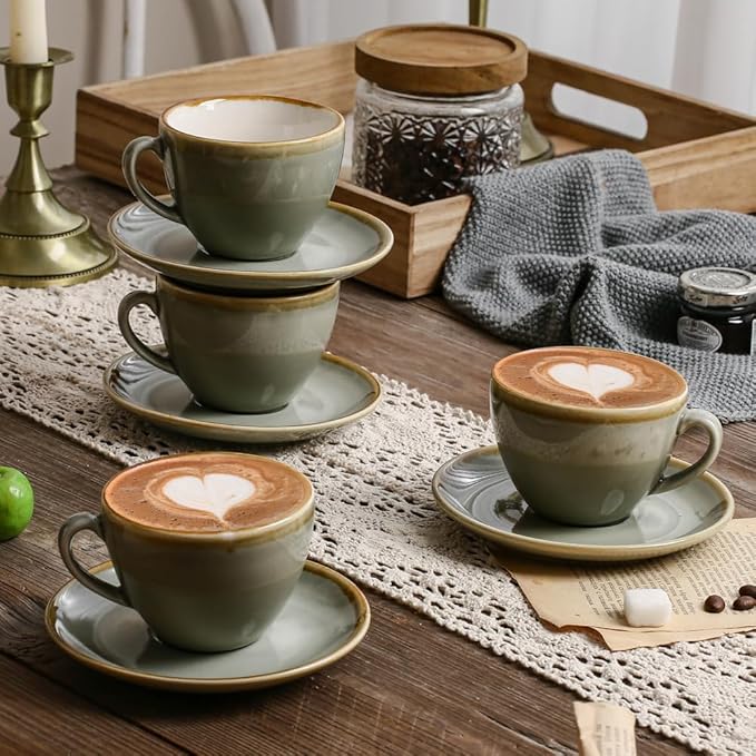 SHUER Ceramic Latte Coffee Cup Set of 4, 11.2 Oz Tea Cup and Saucers Sets,Glaze Americano Cups and Macchiato Coffee Cups,Low Tea Time Mug Set Great for Party (Light Cyan 320ML)