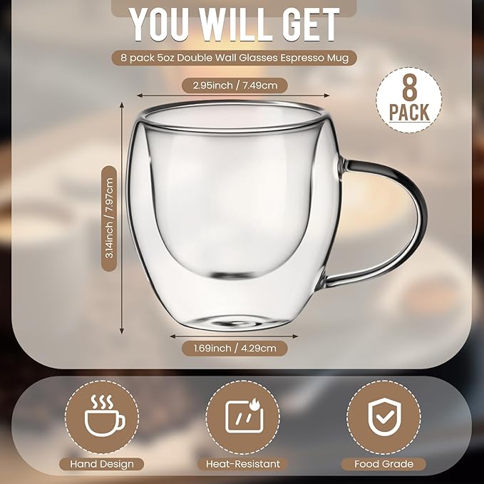 Espresso Cups Set of 8 Double Wall 5oz Hand Blown Glass Coffee Mugs Clear Insulated Glass Coffee Shots Cups with Handle for Espresso Machine, Cappuccino, Latte, Tea