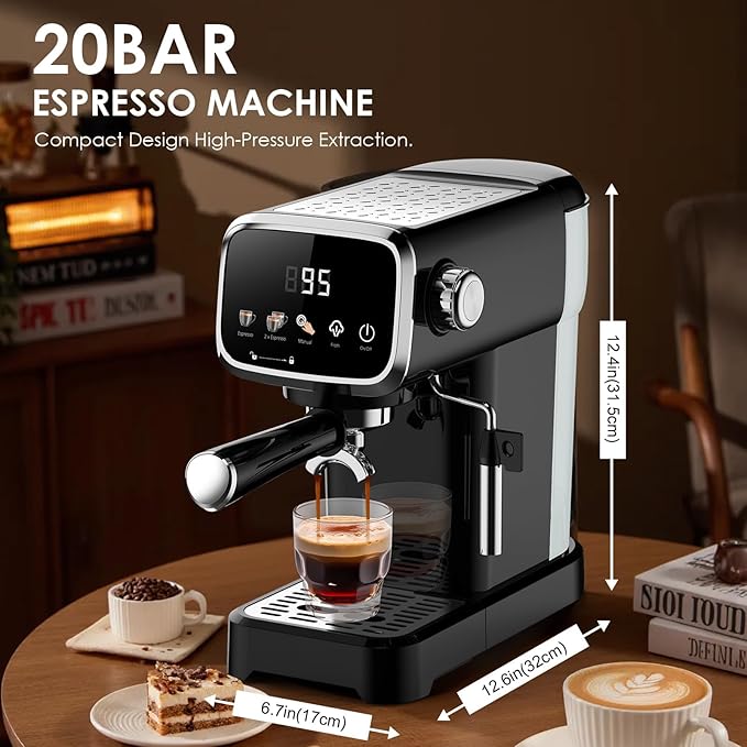Slim 20 Bar Espresso Machine Coffee Maker with Milk Frother, 2 Style of Touch and Button for Choise,43oz Removable Tank for Home and Office Use (Buttons)