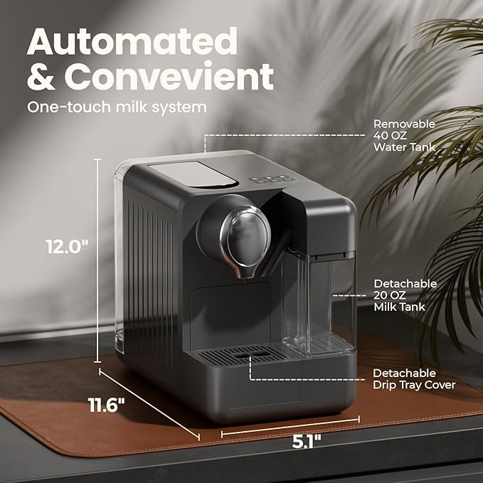 JZ.CAFE Espresso Machine with Integrated Automatic Milk Frother - Single-Serve Coffee Maker Capsule Compatible, One Touch Latte & Cappuccino, Single or Double Shot Espresso Maker