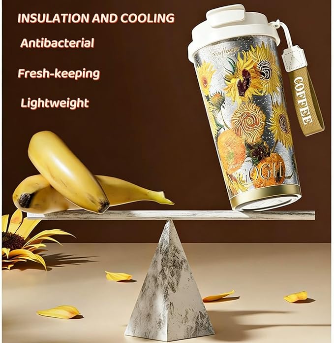 JWANGYUDG-100% Fully Titanium 17.5 oz Mug, 12-hour Thermal Insulation Coffee Mug, Artistic Travel Coffee Mug, Reusable Coffee Cup (Sunflower)