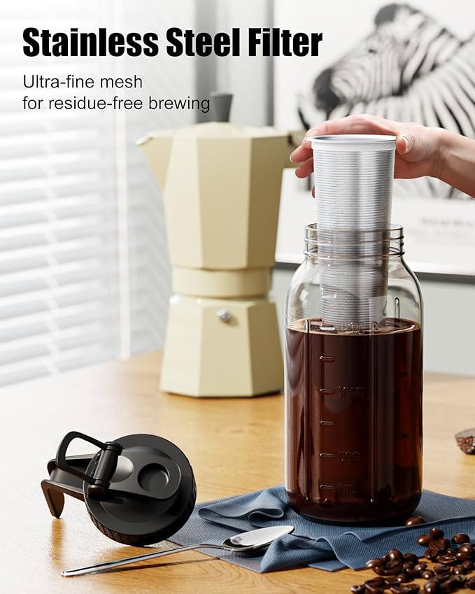 VA1KENE 2-Pack Cold Brew Coffee Maker - 64oz Mason Jar Pitcher with Stainless Steel Filter, Spout Lid for Iced Coffee, Tea, Lemonade & Fruit Drinks