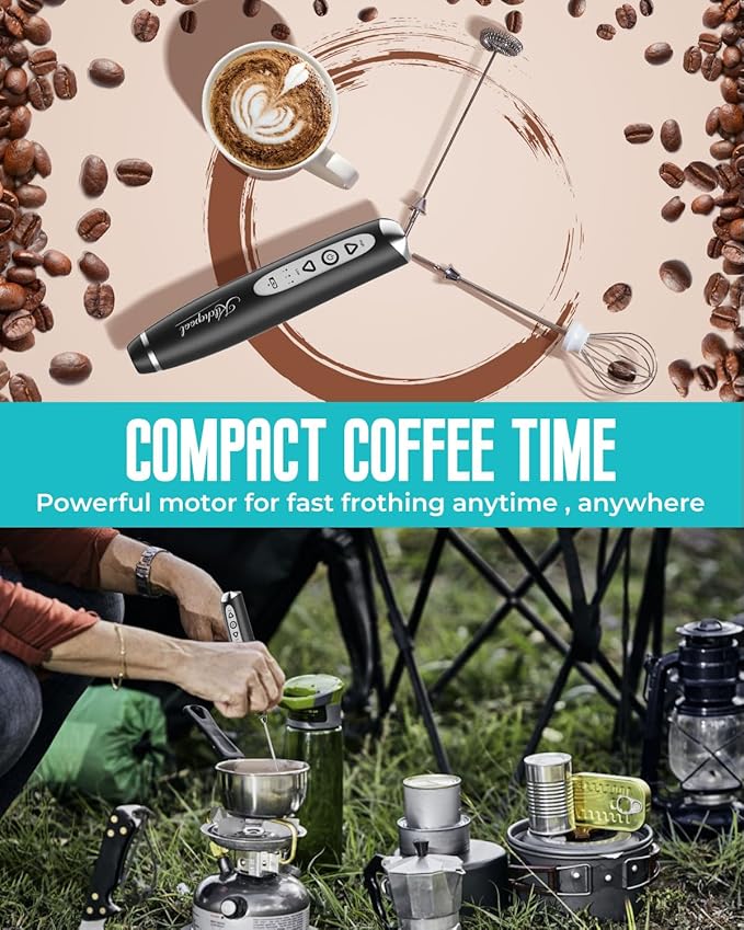 Kitchepool Rechargeable Milk Frother Wand with Stand for Coffee, Electric Whisk with 3 Speed Adjustable, Drink Mixer Handheld for Lattes, Cappuccino, Hot Chocolate, Egg, Dark Black