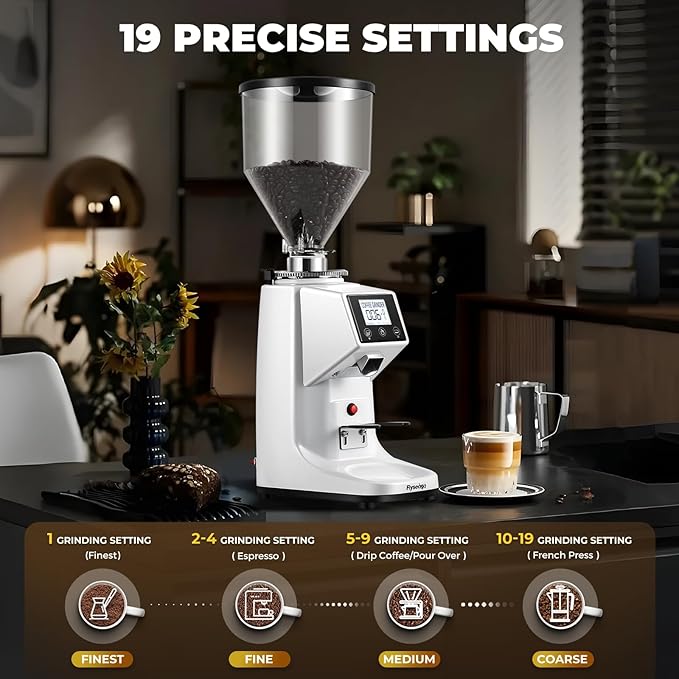 Coffee Grinder with Flat Burr, 19 Grind Settings and Digital Timer Display, Commercial Coffee Grinder with Large 35oz Hopper