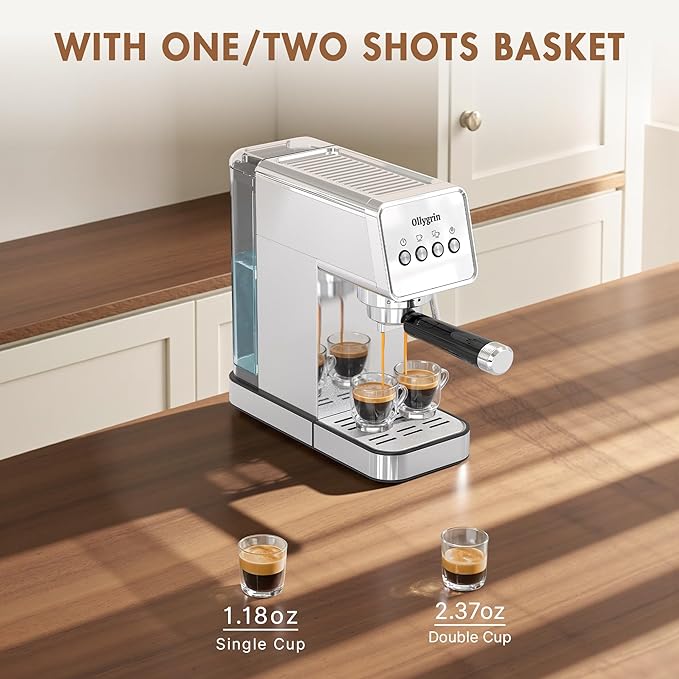 20 Bar Espresso Machine with Steam Wand - Dual Shot Espresso Maker, Precise Pre-Infusion, Large Detachable Tank & Drip Tray, Cup Warming Tray