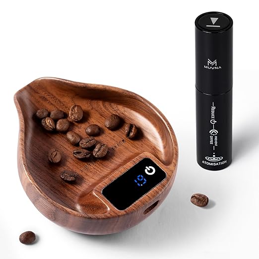 Digital Dosing Cup with LED Display - Mini Rechargeable Wood Coffee Bean Scale Cup and Spray Bottle Kit, Kitchen Measuring Accessory for Espresso, Tea, Coffee Lover Gifts, Walnut