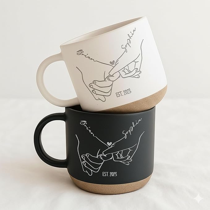 Personalized Holding Hands Couple Pottery Mug 12oz, Minimalist Line Art Engagement, Wedding & Anniversary, Custom Names and Date Handmade Ceramic Coffee Mug