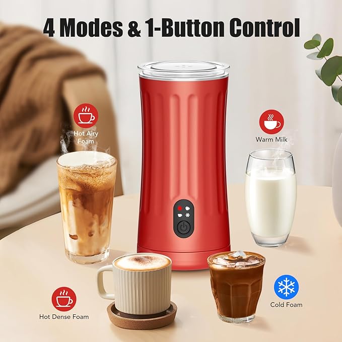 Ovetedot Milk Frother, Upgraded 4-in-1 Milk Frother and Steamer, Hot and Cold Foam Maker and Milk Warmer with Temperature Control & Auto Shut-Off, Frother for Coffee, Latte, Cappuccino, Matcha(Red)