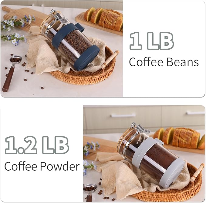 KKC Airtight Coffee Canister, Glass Coffee Bean Storage Contaienr with Silicon Scoop Holder, Non-Slip Silicon Coffee Storage Canister with Spoon for 1 lb Bean,40 Fluid-oz