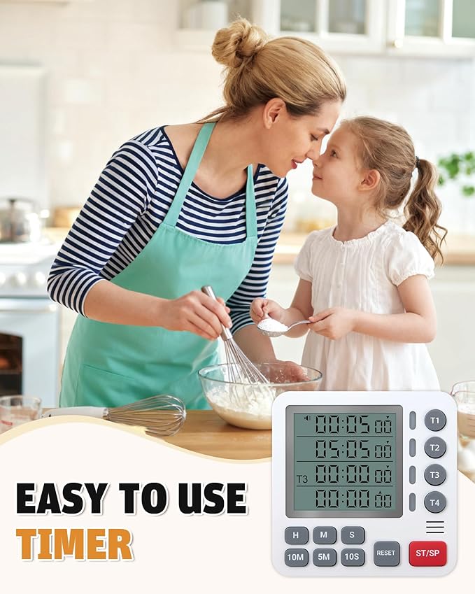 TPNEG Digital Kitchen Timer - 4-Channel Cooking Timer with Alarm, Magnetic Back, Loud & Silent Modes, Count Up/Down, Ideal for ovens, Seniors, Kids and classrooms, Replaceable AAA Battery