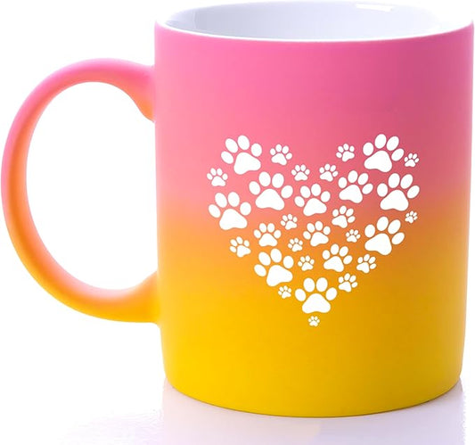 G MUGS Dog Paw Ceramic Coffee Mug, Pet Paw Print Heart Design Mug, Tea Mug, Cute Animal Lover Gift for Women Men,13oz Yellow And Pink Mug