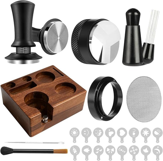 YAQUHO 9 Pcs Espresso Accessories Kit, 58mm Espresso Tamper Tools, with Wooden Espresso Tamping Station, Distributor, Stirrer, Dosing Funnel,Puck Screen, Brush, Latte Art Pen and Decorative Stencils