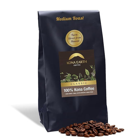 KONA EARTH 100% Kona Coffee, Classic Medium Roast, Whole Bean, 5 lb (80 oz) Farm-Direct Authentic Hawaiian Kona Coffee beans from Hawaii’s Big Island, Micro-Batch-Roasted