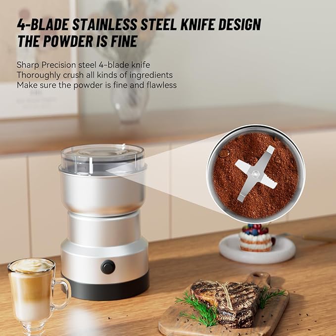 Electric Coffee and Spice Grinder featuring Quad-Blade System & Extra-Long Cable, with Clear Lid for Monitoring Grind of Beans and Herbs