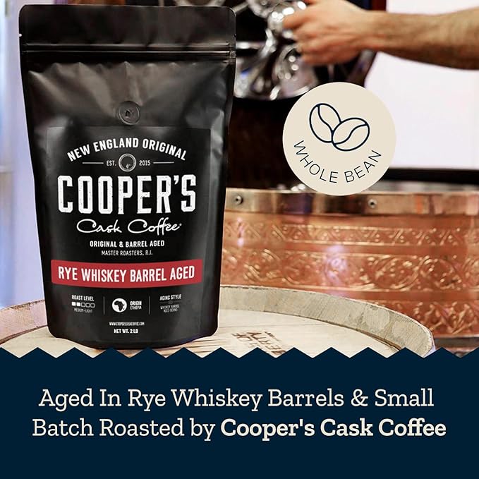 Rye Whiskey Barrel Aged Coffee, Single-Origin Ethiopian Beans Aged in Rye Whiskey Barrels, Medium Light Roast Whole Bean, 2 lb
