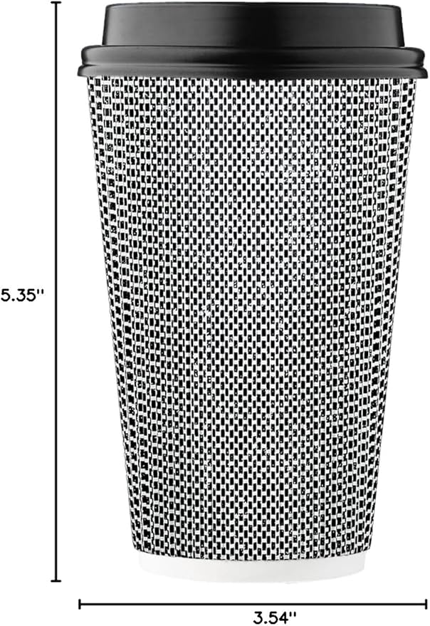 [85 SET]Harvest Pack 16 oz Disposable Coffee Cups, Insulated Ripple Double-Walled Paper Cups with Lids, Black and White Geometric, Drinking Cups for Tea Hot Chocolate Drinks To go coffee cups