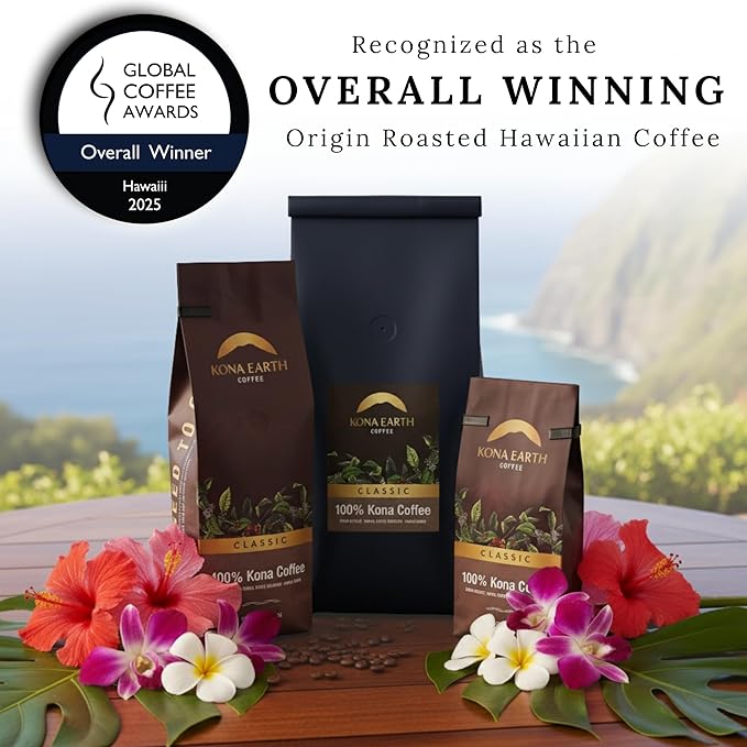 KONA EARTH 100% Kona Coffee, Classic Medium Roast, Whole Bean, 1 lb (16oz) Farm-Direct, Authentic Hawaiian Kona Coffee beans from Hawaii’s Big Island, Micro-Batch-Roasted