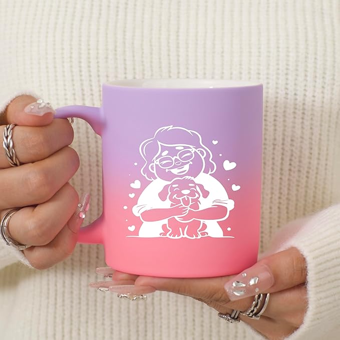 G MUGS Dog Lover Ceramic Coffee Mug, Cute Glasses Girl & Dog Hug Design Mug, Tea Mug, Adorable Pet Lover Gift for Women Teens,13oz Sunset Glow Mug