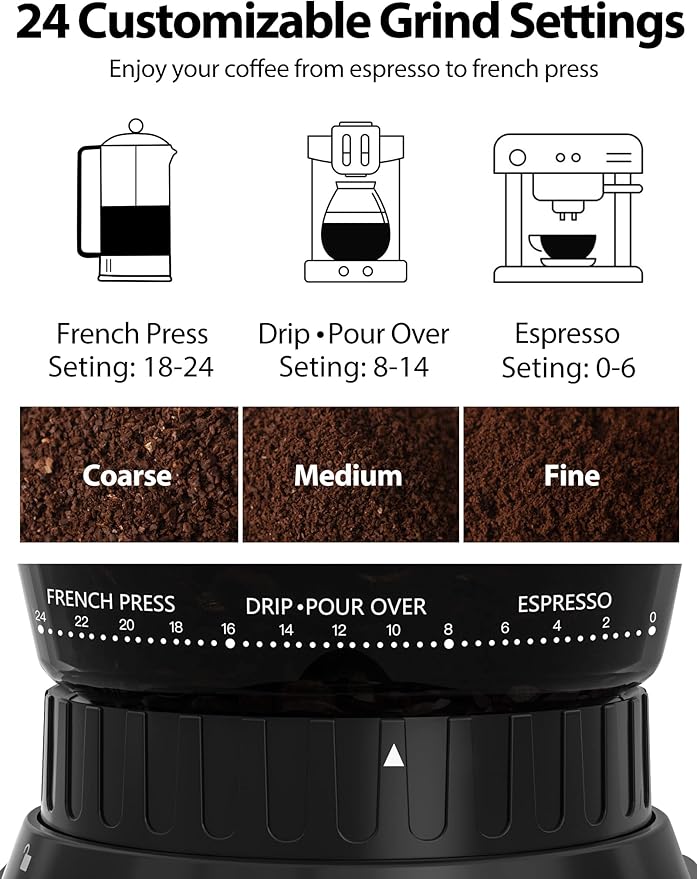 Aromaster Coffee Bean Grinder with 48 Gind Settings, Conical Burr Coffee Grinder for Home Use,Stainless Steel,40 Seconds Adjustable Timer,Anti-static,Easy to Clean with Brush,Grey