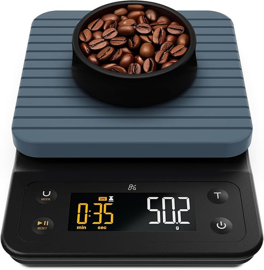 Greater Goods Coffee Scale with Timer – 0.1g Precision Digital Coffee & Espresso Scale for Pour-Over, Coffee Bean Weighing, Barista Brewing, Waterproof Cover, 3kg Capacity (Stone Blue)