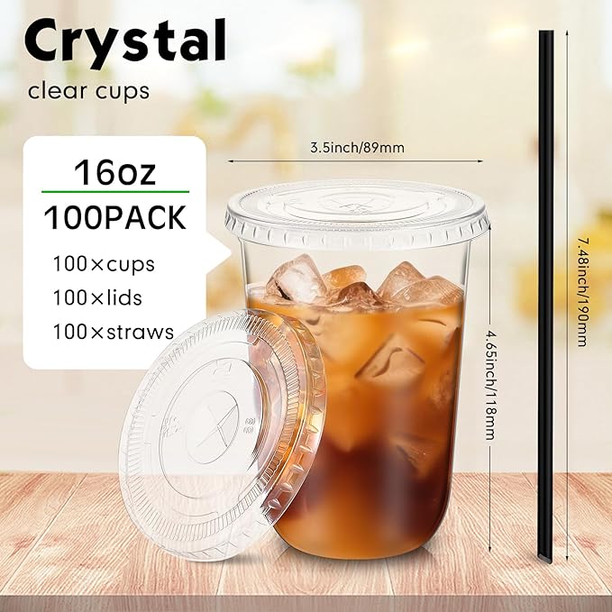 100 Set 16 oz Clear Plastic Cups with Lids and Straws, Disposable Iced Coffee PET Cups for Drinking Cold Beverage Juice Parfait Smoothie Milkshake Coffee Shops Party Supplies