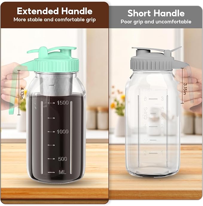 AHOMSEL Cold Brew Coffee Maker Jar - 2 Pack 64 oz Glass Cold Brew Maker with Handle, Stainless Steel Filter & Leak-Proof Lid, Heavy Duty Cold Brew Pitcher for Iced Coffee, Sun Tea, and Milk