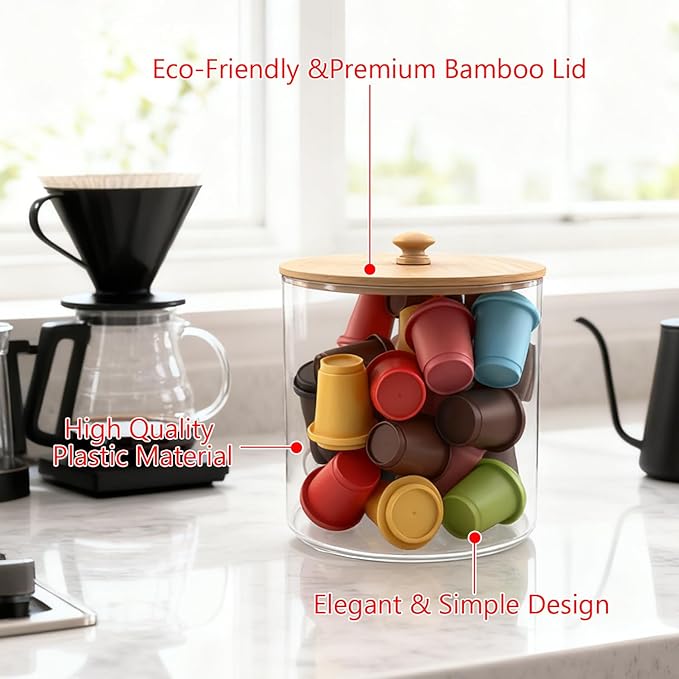 yaenoei 2 Pack Coffee Pod Holder with Bamboo Lid, Clear Coffee Pods Storage Basket Large Capacity K Cup Holder for Kitchen Countertop, Coffee Filter Holder, Cafe Bar Organizer, Office Desktop