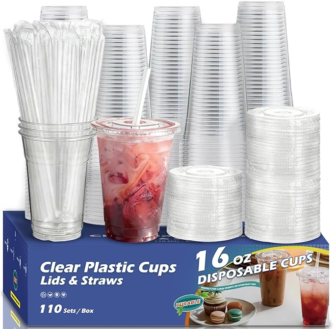 110 Packs 16oz Plastic Cups with Lids and Straws,Sturdy & Food Safe Disposable Coffee Cups,Clear Iced Cups For Coffee Bar,Party, To Go Drinking