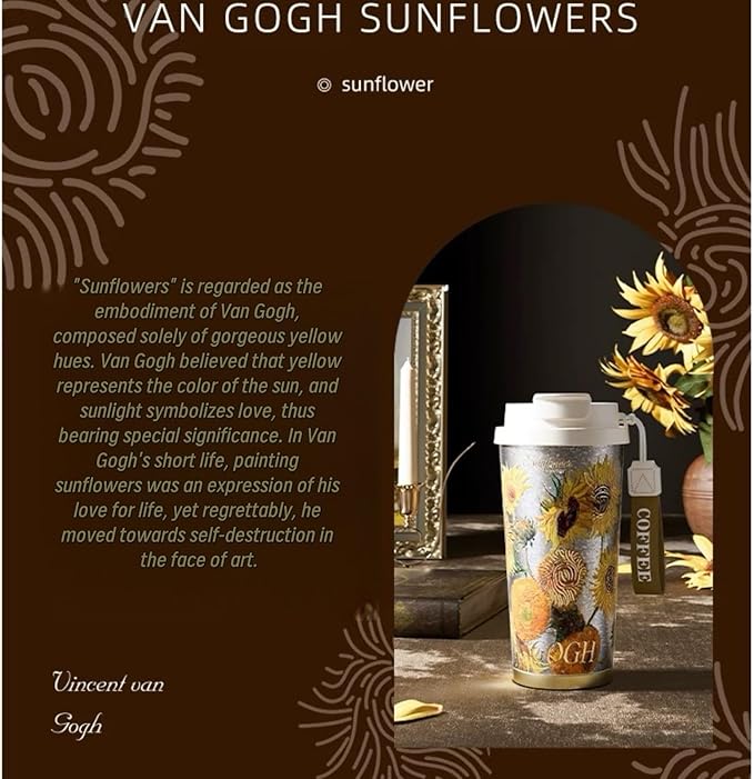 JWANGYUDG-100% Fully Titanium 17.5 oz Mug, 12-hour Thermal Insulation Coffee Mug, Artistic Travel Coffee Mug, Reusable Coffee Cup (Sunflower)