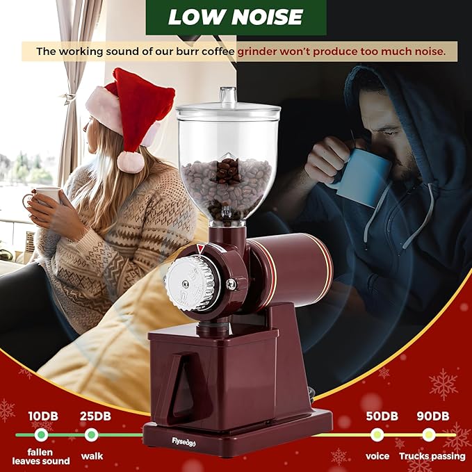 Burr Coffee Grinder - Electric Espresso Grinder for Home & Commercial Use, Silent, Adjustable Grind, With Hopper, Brush, Spoon, Red