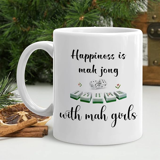 Mahjong Gifts Mug, Mah Jong Gifts for Women Coffee Cup Ceramic, Gift for Mah Jong Players Lovers, Happiness is Mahjong Ceramic Coffee Tea Mug 11 oz