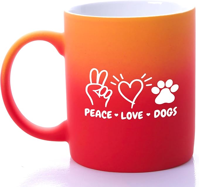 G MUGS Dog Lover Coffee Mug - Gift for Women Men,13oz Ceramic Tea Mug with Peace Love Dogs Design, Cute Paw Print & Heart Mug for Dog Owners Red And Yellow Mug