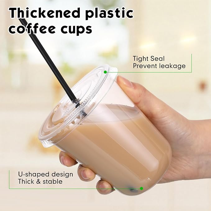 100 Set 14 oz Clear Plastic Cups with Lids and Straws, Disposable Iced Coffee PET Cups for Drinking Cold Beverage Juice Parfait Smoothie Milkshake Coffee Shops Party Supplies