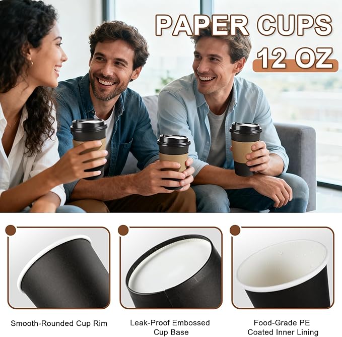 120 Pack 12 oz Paper Coffee Cups Set, Disposable Black Coffee Cups with Lids, Sleeves and Stirring Sticks, Fit For Cold and Hot Drinks