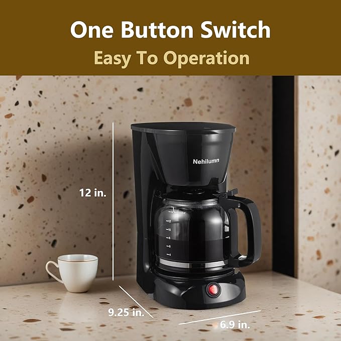Nehilumn 12 Cup Drip Coffee Maker Machine, Coffee Pot Machine Permanent Coffee Filter,1.8L Glass Carafe Electric Coffee Maker,950W Black