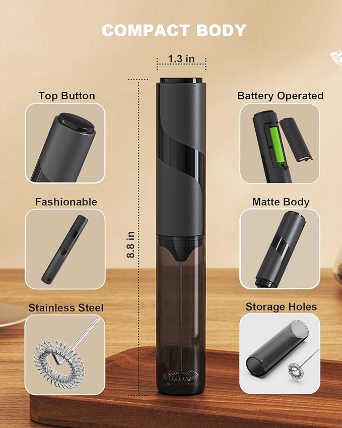 Soenglyun Handheld Milk Frother with Cover, Battery Operated Drink Mixer Handheld Easy to Carry Electric Frother Wand For Coffee, Latte, Cappuccino, Frappe Drink, Hot Chocolate, Black