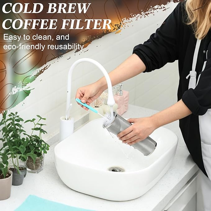 Cold Brew Coffee Filter with Brush for 64 Oz/2 Quart Wide Mouth Mason Jar Infuser 304 Stainless Steel Filter Food Grade Strainer with Sealing Ring for Iced Drink Fruit Tea Coffee Maker