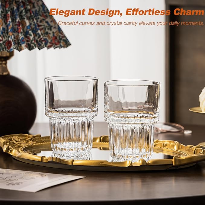 11oz Drinking Glasses Set of 4, Juice Glasses Stackable Tall Glass Mugs for Tea Iced latte Coffee Glass, Beer Glasses, Cocktail Glasses,Water glasses for bar, restaurant