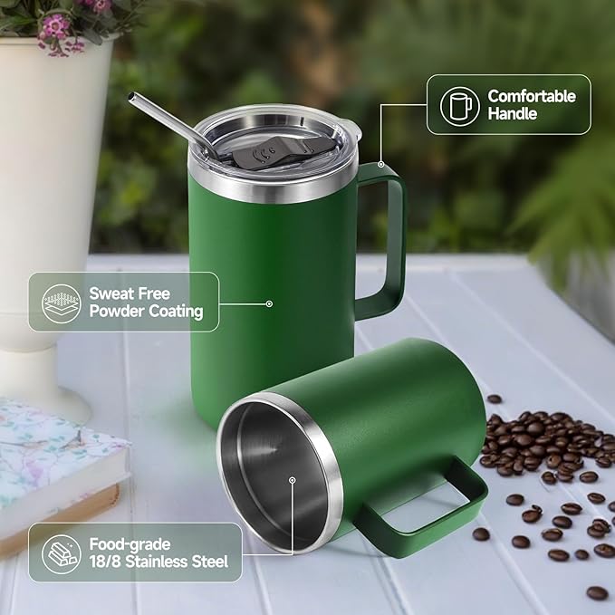 Volhoply 16oz Insulated Coffee Mug with Lid and Straw, Stainless Steel Travel Mugs with Handle, Double Wall Vacuum Leak Proof Coffee Tumbler Cup (Army Green,1)